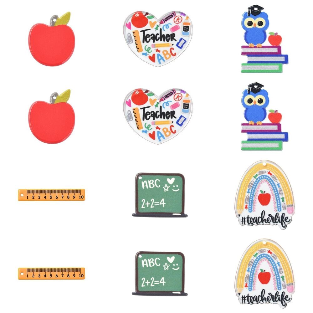4958 12 pcs 6 Styles Study Theme Acrylic Charms Heart Board Ruler Book